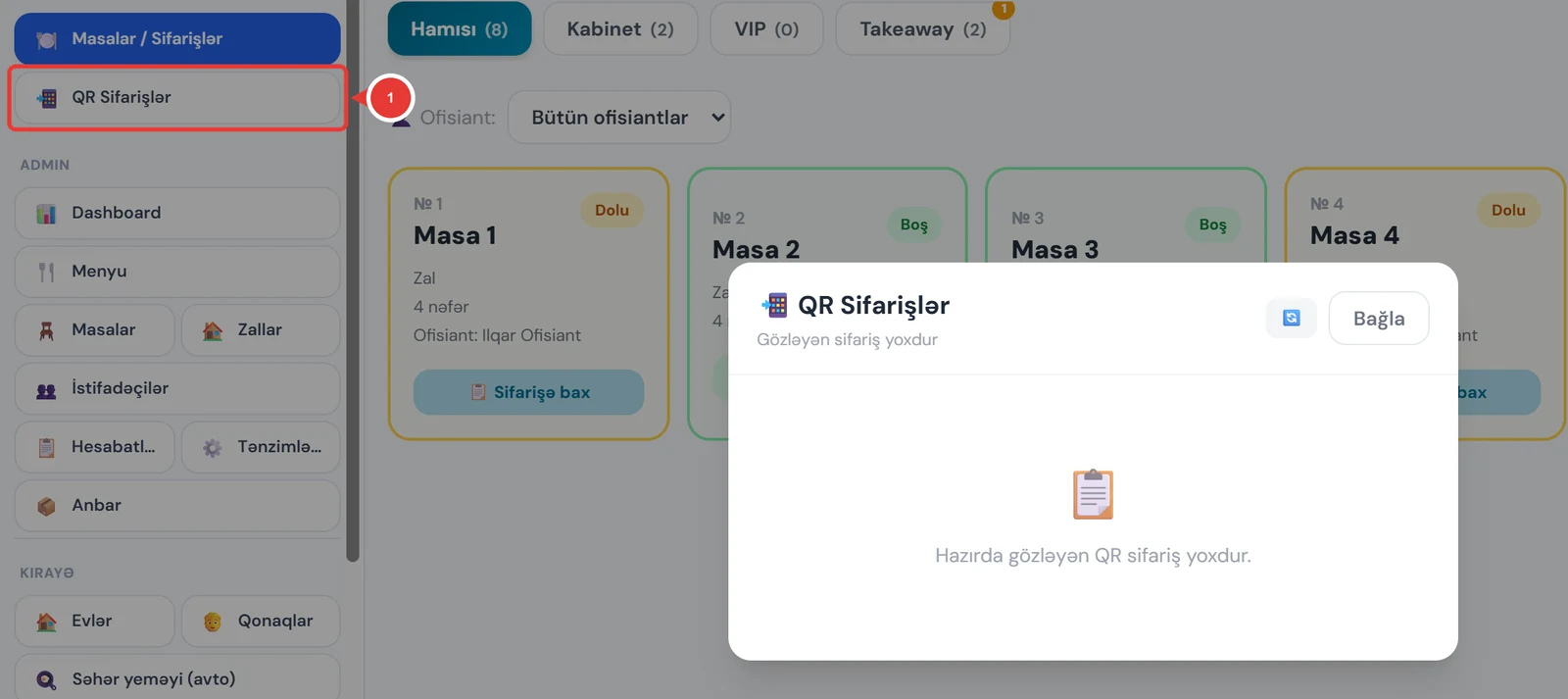 QR sifarişlər pəncərəsi