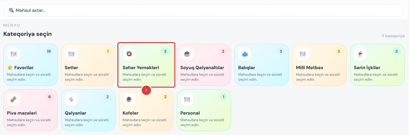 Sifariş ekranında kateqoriyalar