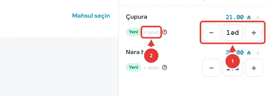 Sifariş siyahısında məhsul sətri