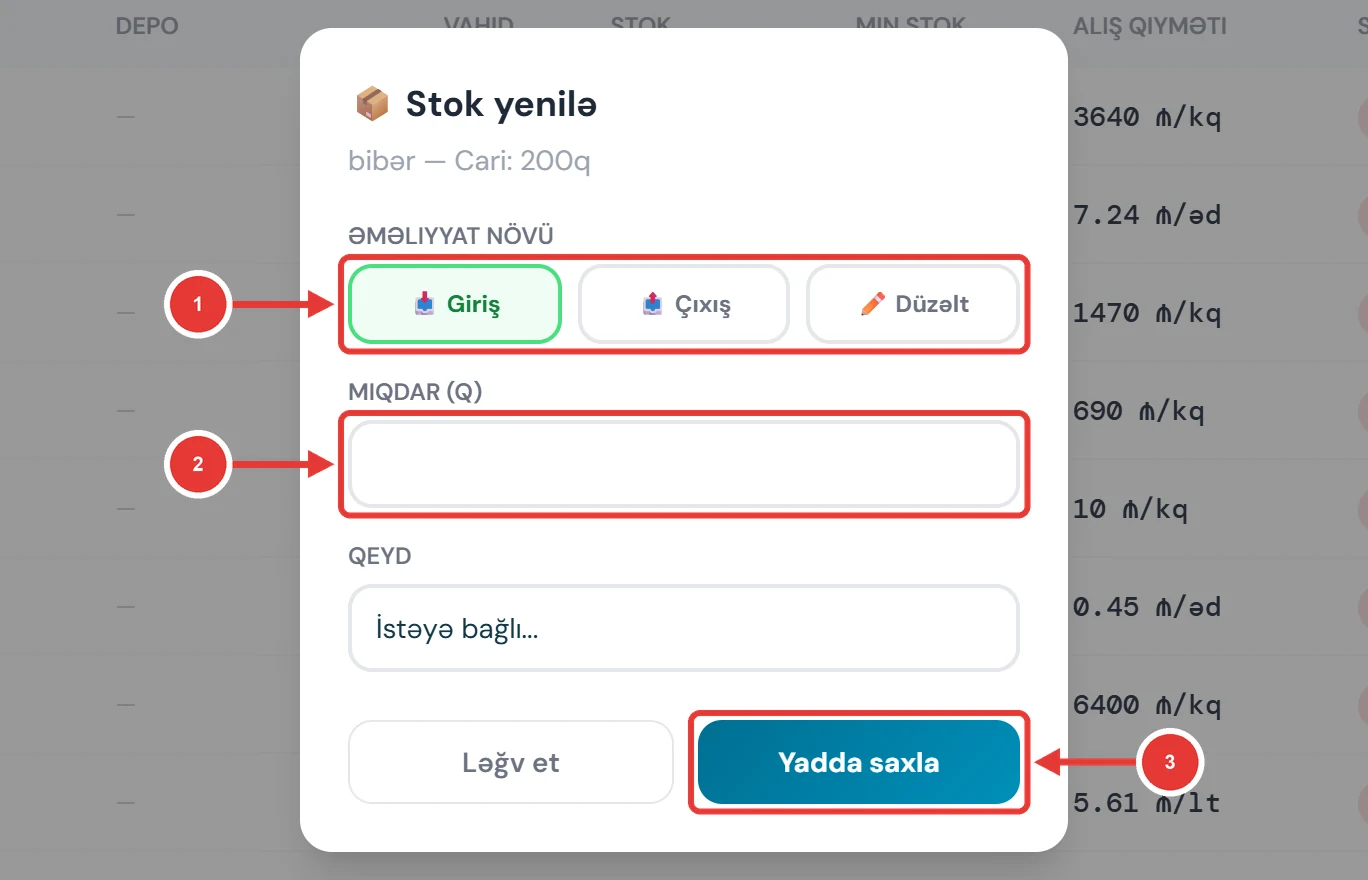 Stok yenilə pəncərəsi
