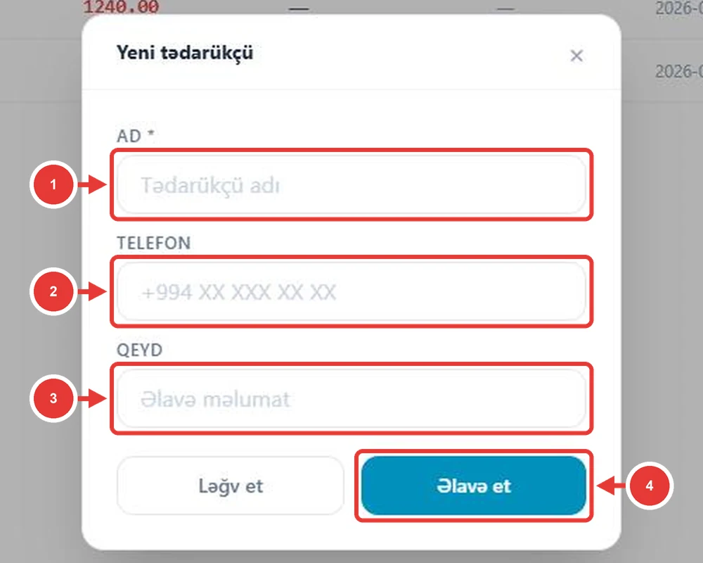 Yeni tədarükçü pəncərəsi
