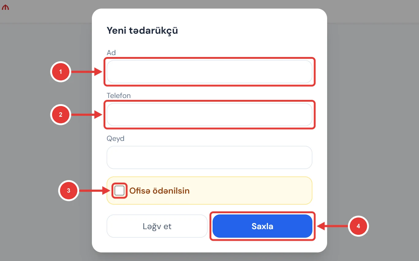 Yeni tədarükçü pəncərəsi